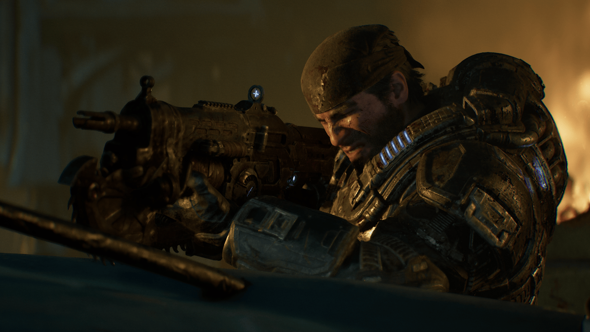 Marcus Fenix pronto para a batalha interminável: o puro suco de Gears of War.